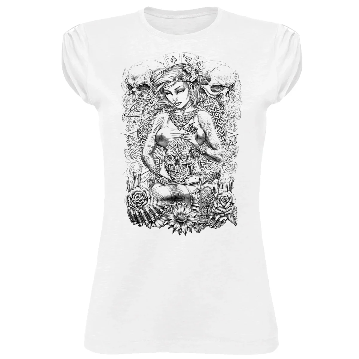 Girl Skull Design Stilizzato Tattoo 9001 Lady Donna 100% Cotone Pettinato JK - immagine 3