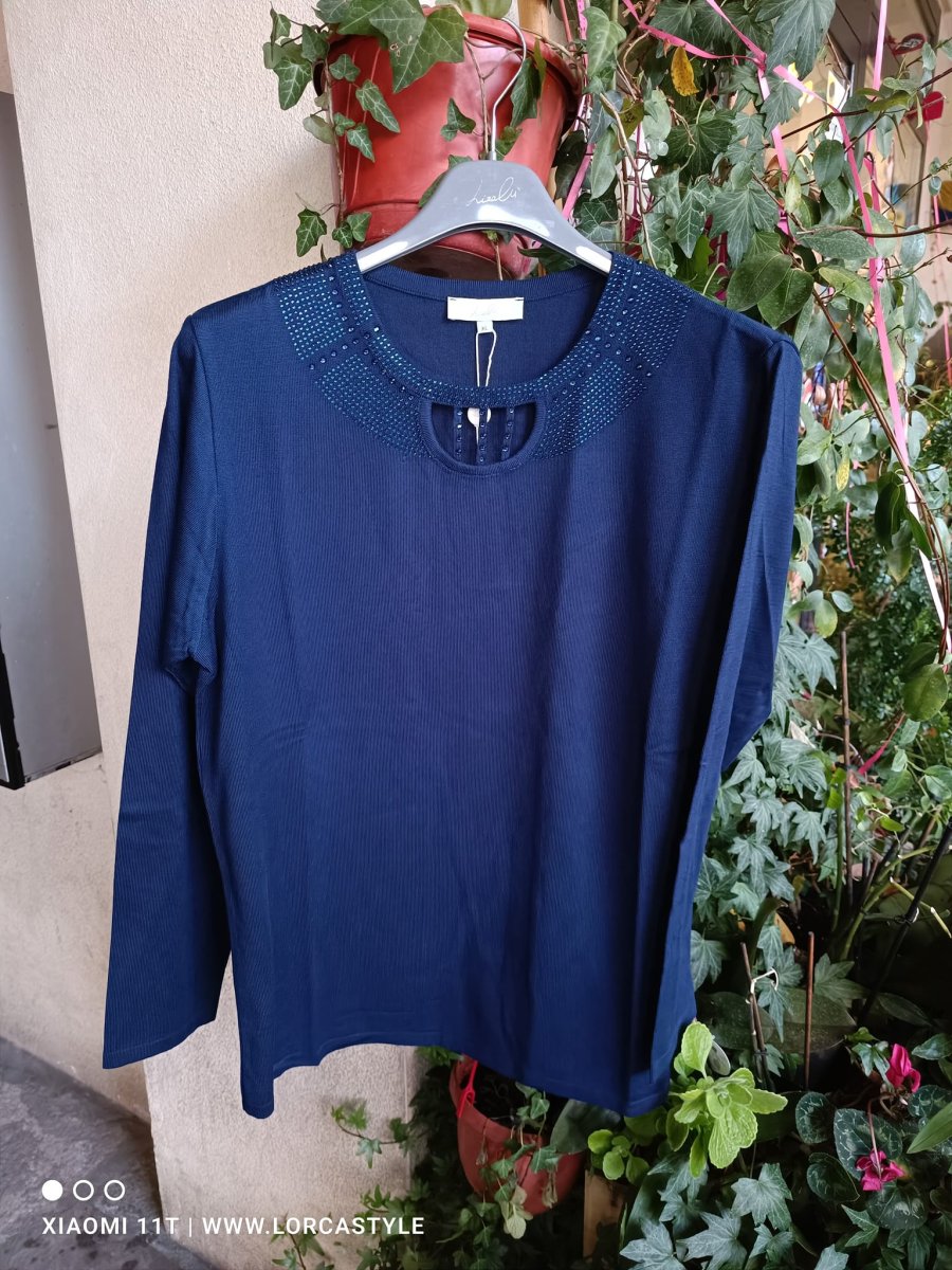 Maglione elegante con strass nero e blu notte - immagine 6