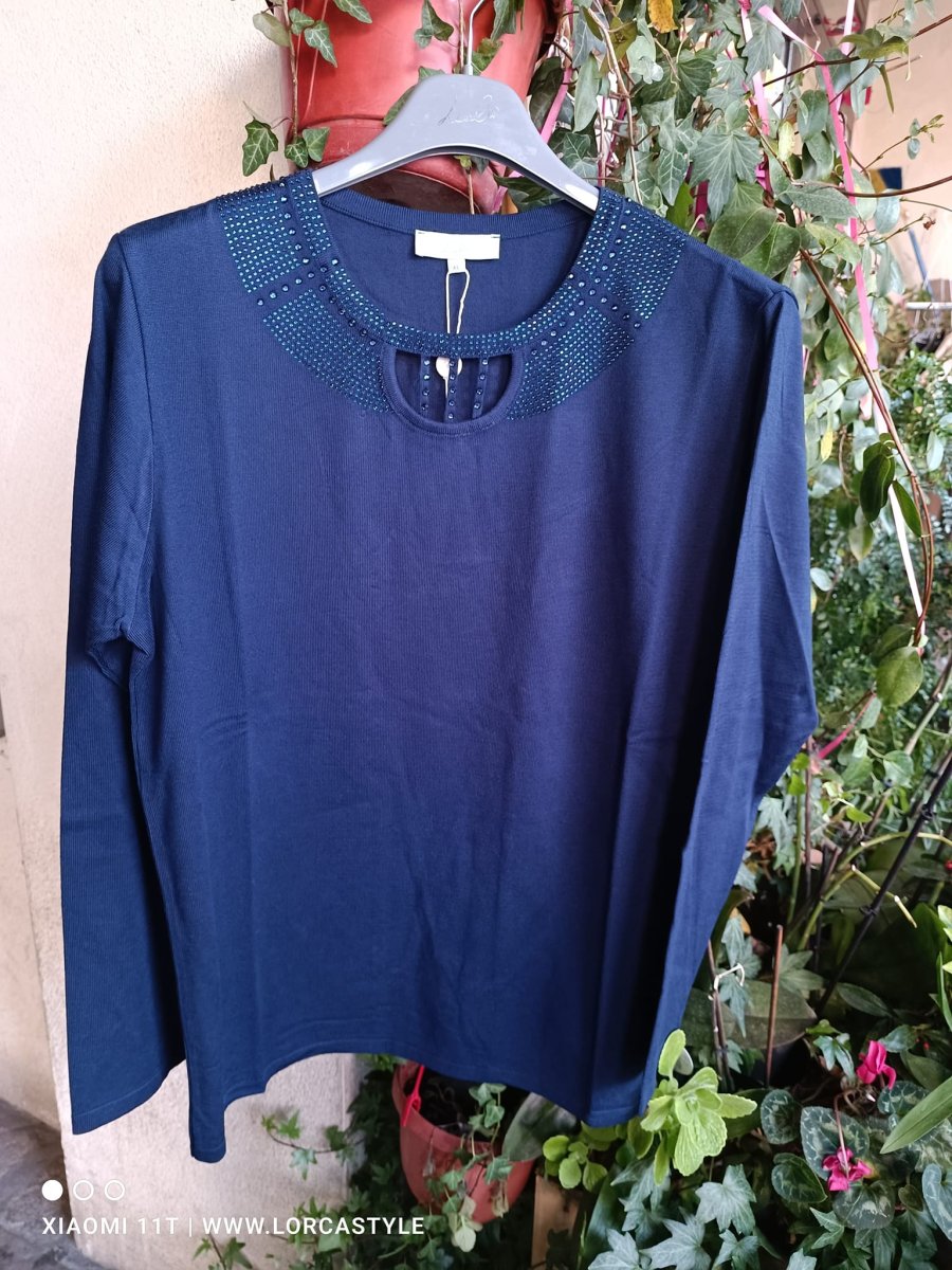 Maglione elegante con strass nero e blu notte - immagine 3