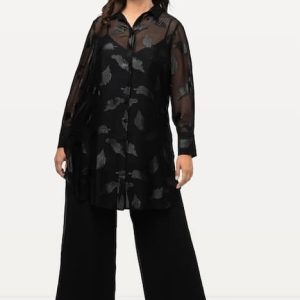 Blusa Nera in Chiffon con Piume Metalliche: Taglie 48-62
