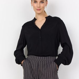 BLUSA SC-RADIA 205 IN ECOVERO™ CON SCOLLO A V E MANICHE A PALLONCINO, NERA, TG S-XXL