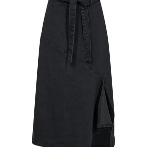 SC-Kimberly 40 – Gonna asimmetrica in cotone con spacco e cintura regolabile – Nero (taglie XS-XXL)