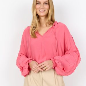 Blusa Donna Elegante Corallo SC-BARBEL 6 con Fiocco e Maniche Morbide