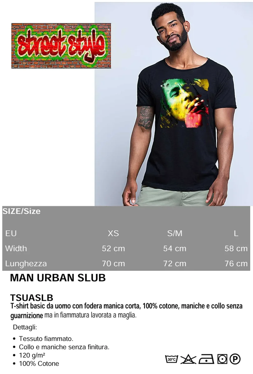 Bob Marley Stilizzato Color Cantante Soggetto 18-20-34 T-shirt Urban Slub Men Uomo 100% Cotone Fiammato BS - immagine 4