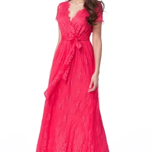 GODDIVA SCALLOPED HEM LACE MAXI DRESS, FUCSIA, TAGLIE S, M, L