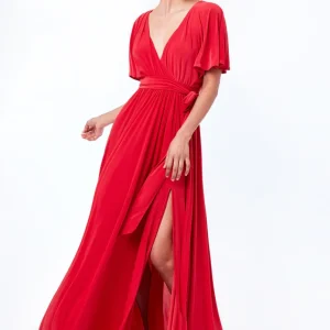 GODDIVA WRAP FRONT MAXI CON MANICHE SVOLAZZANTI, ROSSO e nero