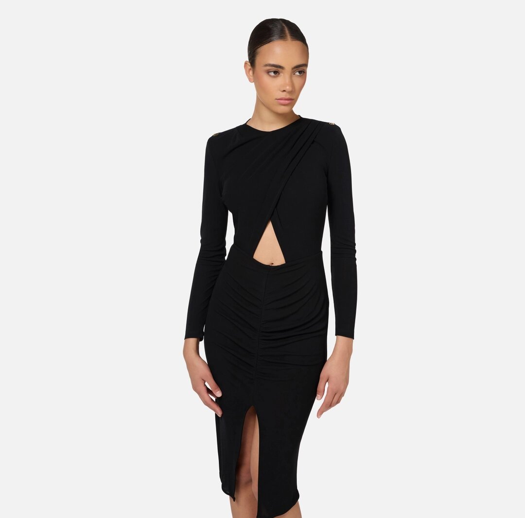 ELISABETTA FRANCHI Abito midi in jersey lucido con drappeggio - immagine 3