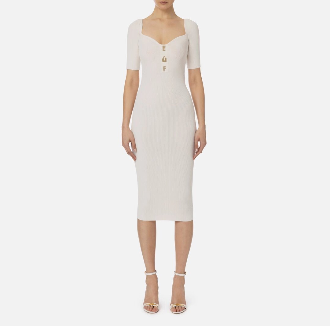 ELISABETTA FRANCHI Abito midi in viscosa a costine con lettering - immagine 2
