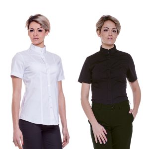 Camicia donna elasticizzata collo coreano manica corta
