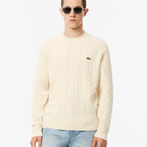 LACOSTE Maglione girocollo a trecce in lana cardata