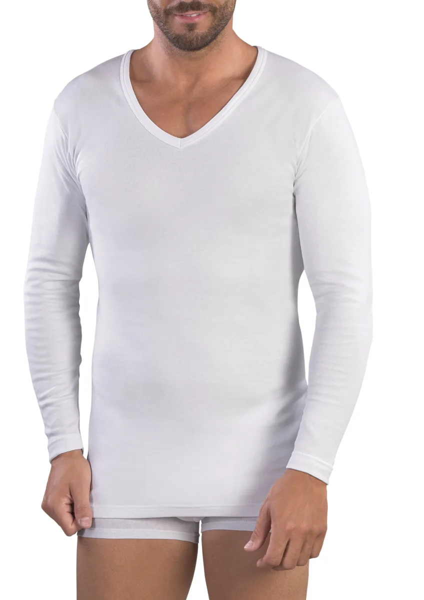 MAGLIA MANICA LUNGA UOMO COLLO A PUNTA 100% COTONE CALDO INTERLOCK - immagine 2