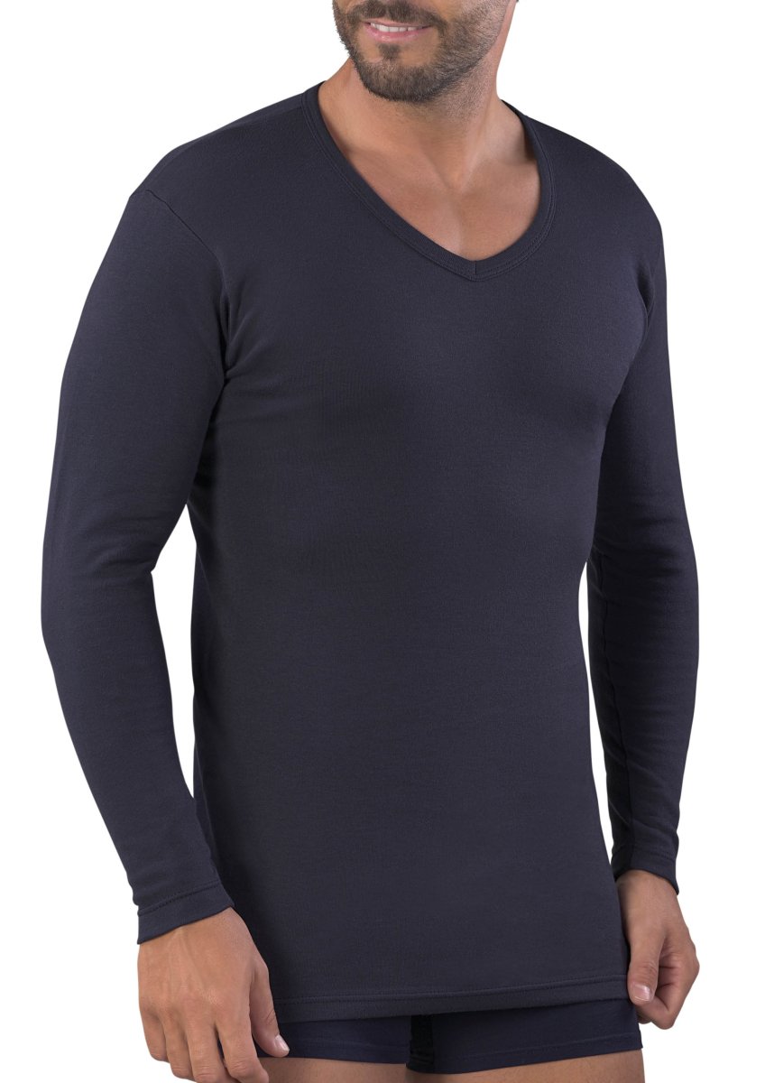 MAGLIA MANICA LUNGA UOMO COLLO A PUNTA 100% COTONE CALDO INTERLOCK - immagine 4