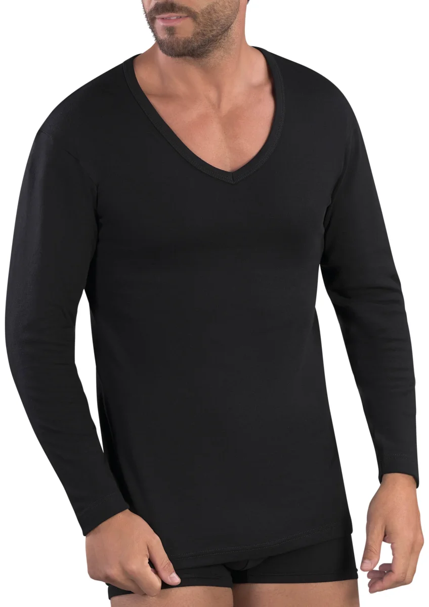 MAGLIA MANICA LUNGA UOMO COLLO A PUNTA 100% COTONE CALDO INTERLOCK - immagine 3