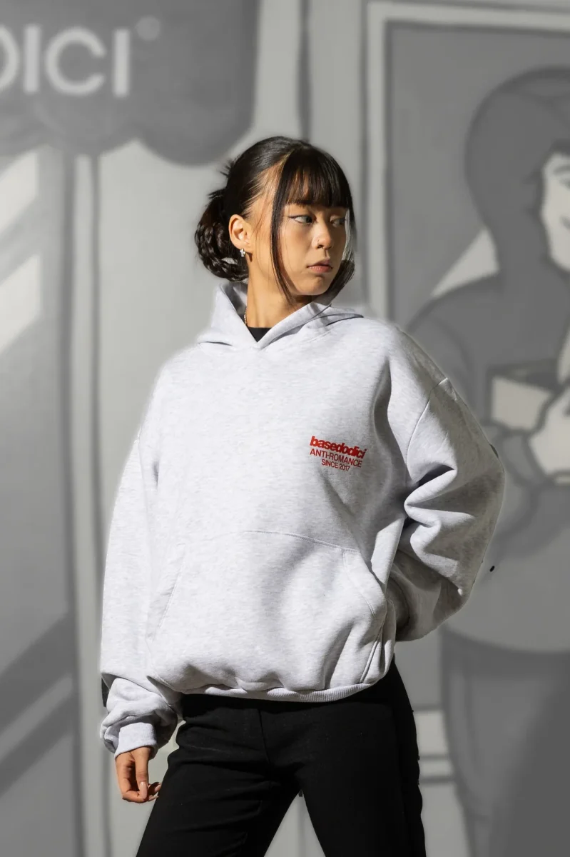Basedodici Hoodie "Social Media Killed Romance" AshGrey/Red - immagine 6