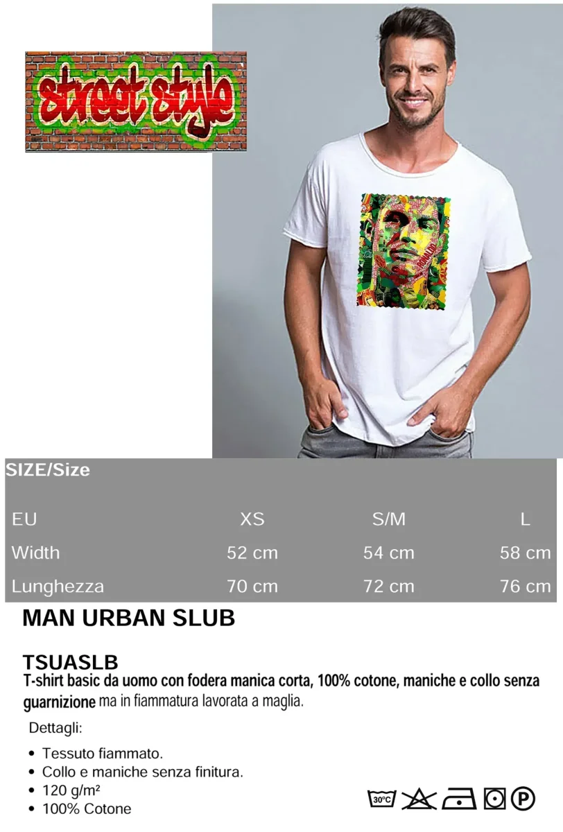 Portrait Ronaldo Color Artistico Stilizzato 18-30-19 T-shirt Urban Slub Men Uomo 100% Cotone Fiammato JK - immagine 4