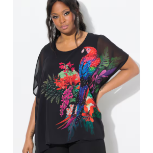 BLUSA DI CHIFFON OVERSIZE CON SCOLLO A V E MEZZE MANICHE, NERA, TG 48-62