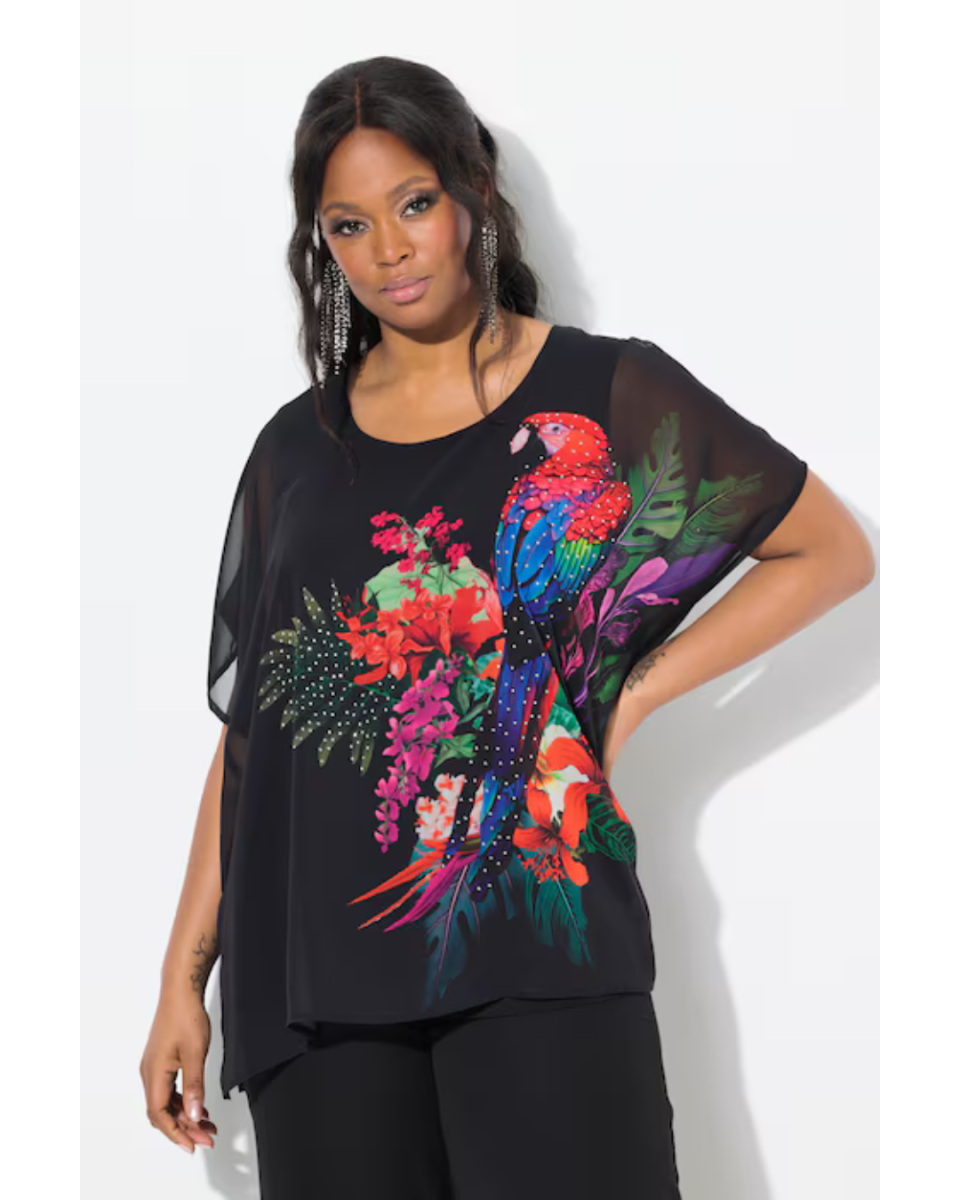 BLUSA DI CHIFFON OVERSIZE CON SCOLLO A V E MEZZE MANICHE, NERA, TG 48-62 - immagine 4