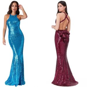 Vestito lungo da sera in paillettes rosa