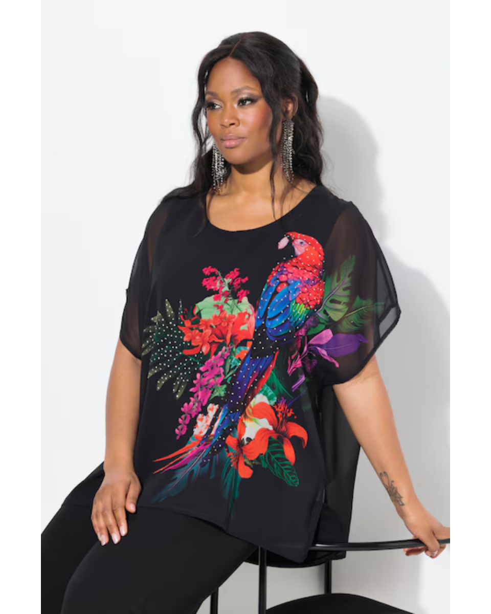 BLUSA DI CHIFFON OVERSIZE CON SCOLLO A V E MEZZE MANICHE, NERA, TG 48-62 - immagine 3