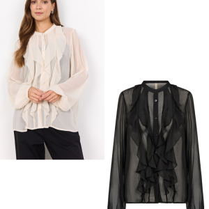 Blusa con Volant nera e vaniglia – Eleganza e SostenibilitÃ