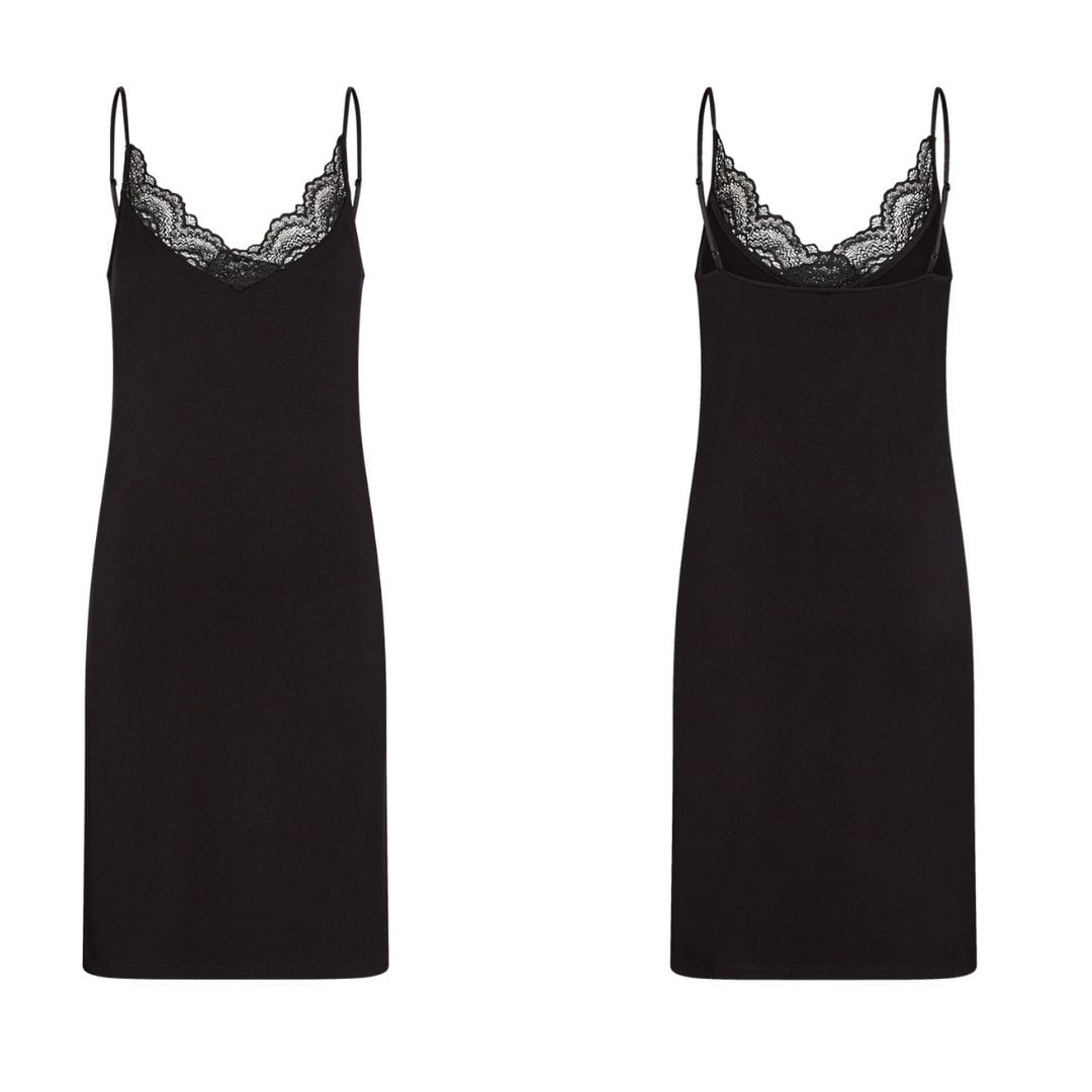 Canotta lunga nera con pizzo/sottoveste tessuto eucalipto