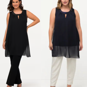 Tunica Lunga in Chiffon con Scollo Decorato e Cut-Out