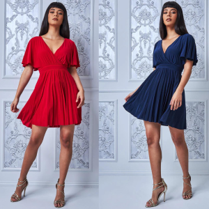 FLUTTER SLEEVE WRAP MINI DRESS, BLU NOTTE E ROSSO