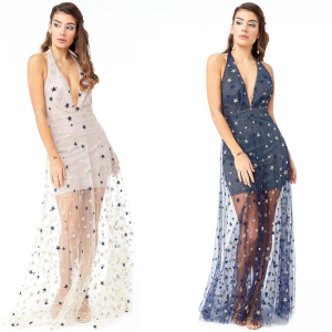 GODDIVA STAR MESH HALTER NECK MAXI DRESS, BLU NOTTE E BEIGE