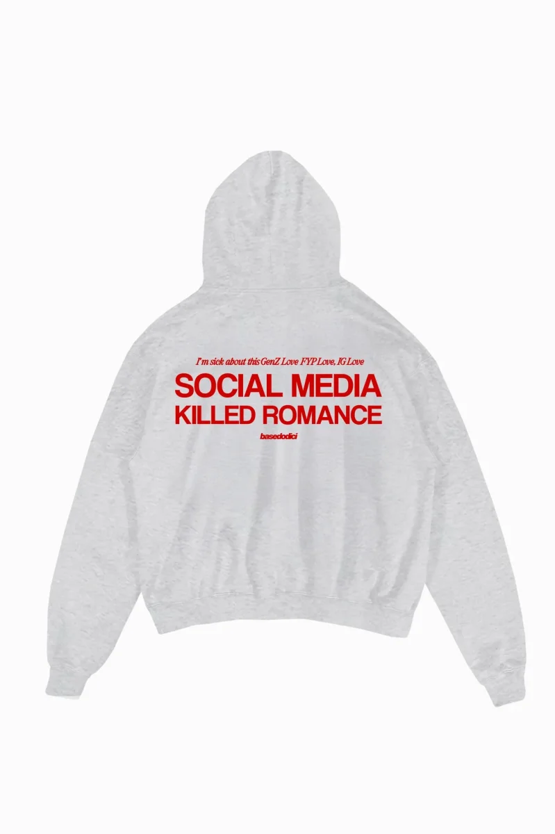 Basedodici Hoodie "Social Media Killed Romance" AshGrey/Red - immagine 2