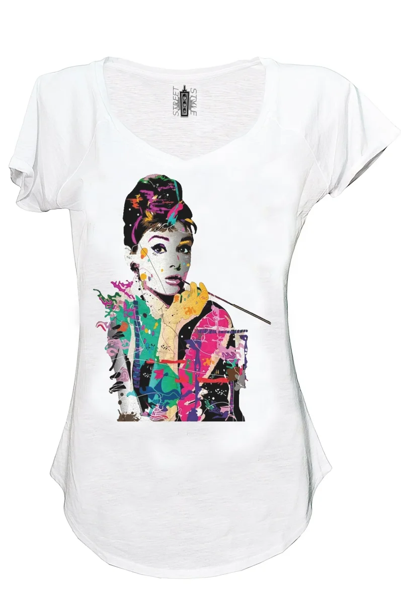 Audrey Hepburn Attrice Cinema Soggetto Stilizzato 18-15 Urban Slub Lady Donna Cotone 100% Fiammato JK - immagine 3