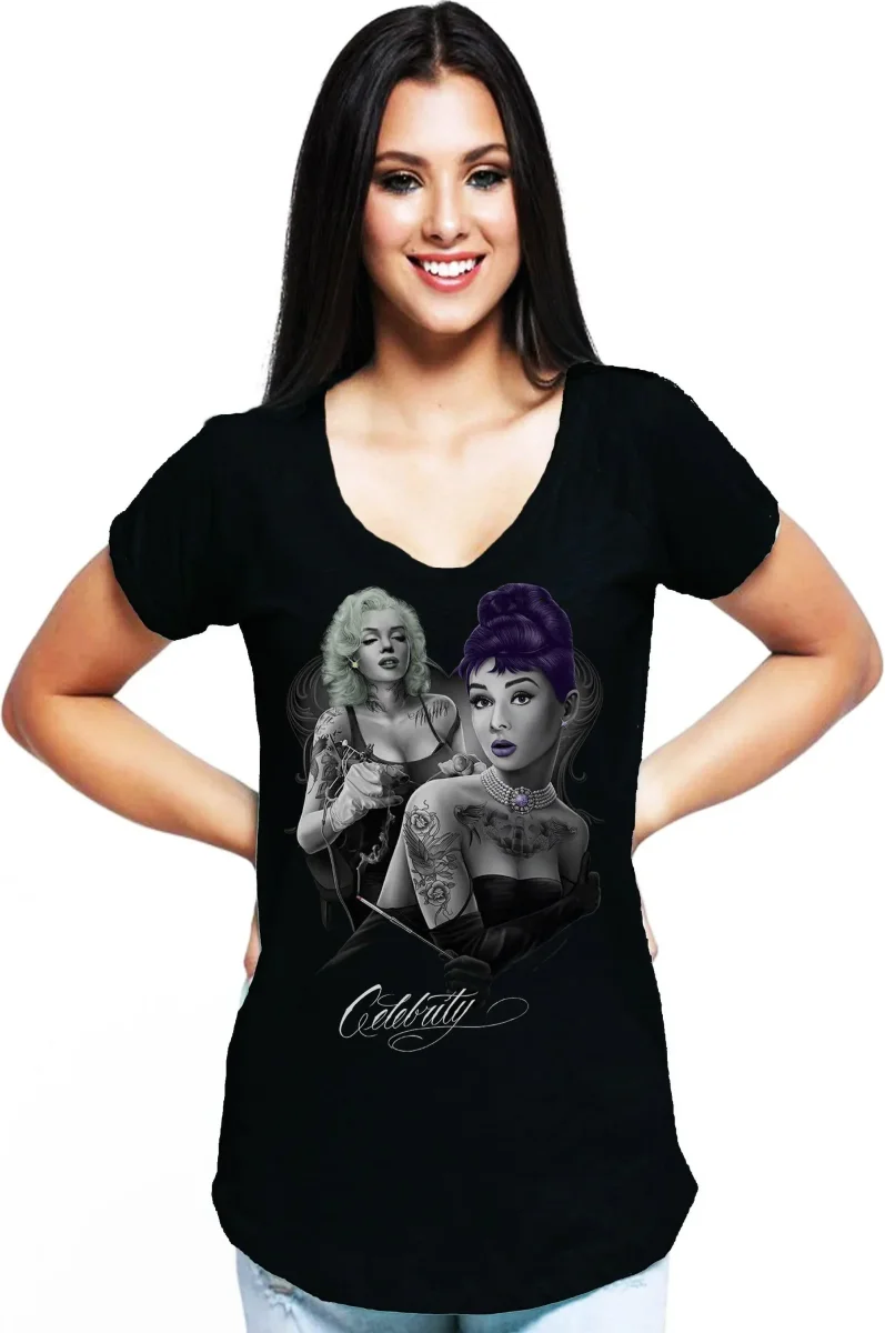 Celebrity Marilyn Monroe Audrey Hepburn Moda tattoo 9050-26 Urban Slub Lady Donna Cotone 100% Fiammato JK
