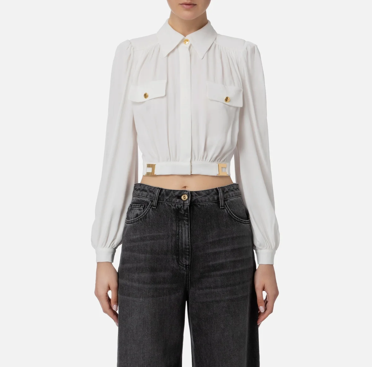 ELISABETTA FRANCHI Camicia crop in viscosa con placche logo - immagine 2