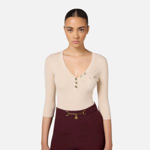 ELISABETTA FRANCHI Maglia scollo a V in viscosa e seta a costine con ricamo logo