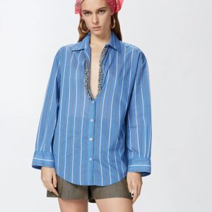 PINKO Camicia blu a righe con ricamo gioiello